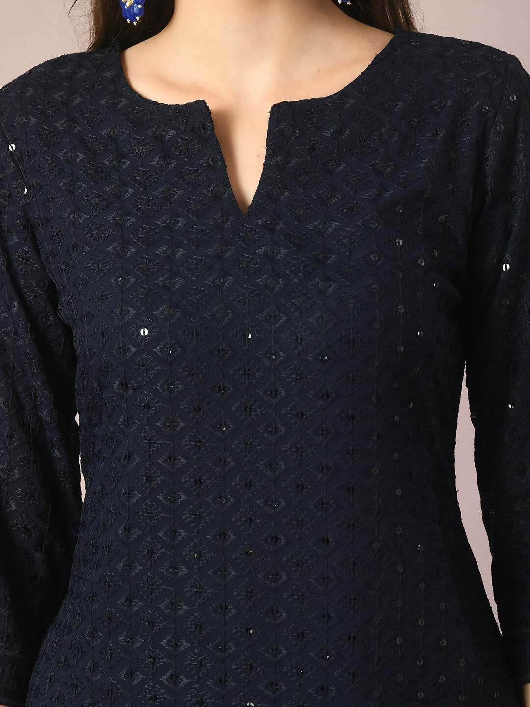 Myshka Women's Navy Blue Embroidered Cotton Straight Party Kurta Set - Distacart