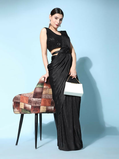Black Imported Crush Lycra Texture Pattern Ready to Wear Saree with stitched Blouse - Nirvana - Distacart