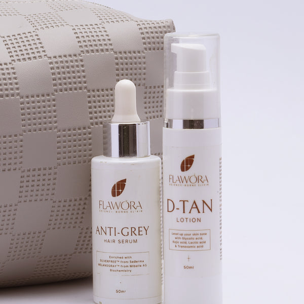 Flawora Anti-Grey Hair Serum For Reversing Grey Hair & D-Tan Lotion For Pigmentation Tan Removal 