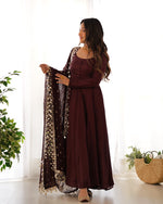 Thumbnail for Teeya Creation Dark Coffee Color Roma Silk Chnaderi Real Mirror Work Fully Stitched Gown - Distacart