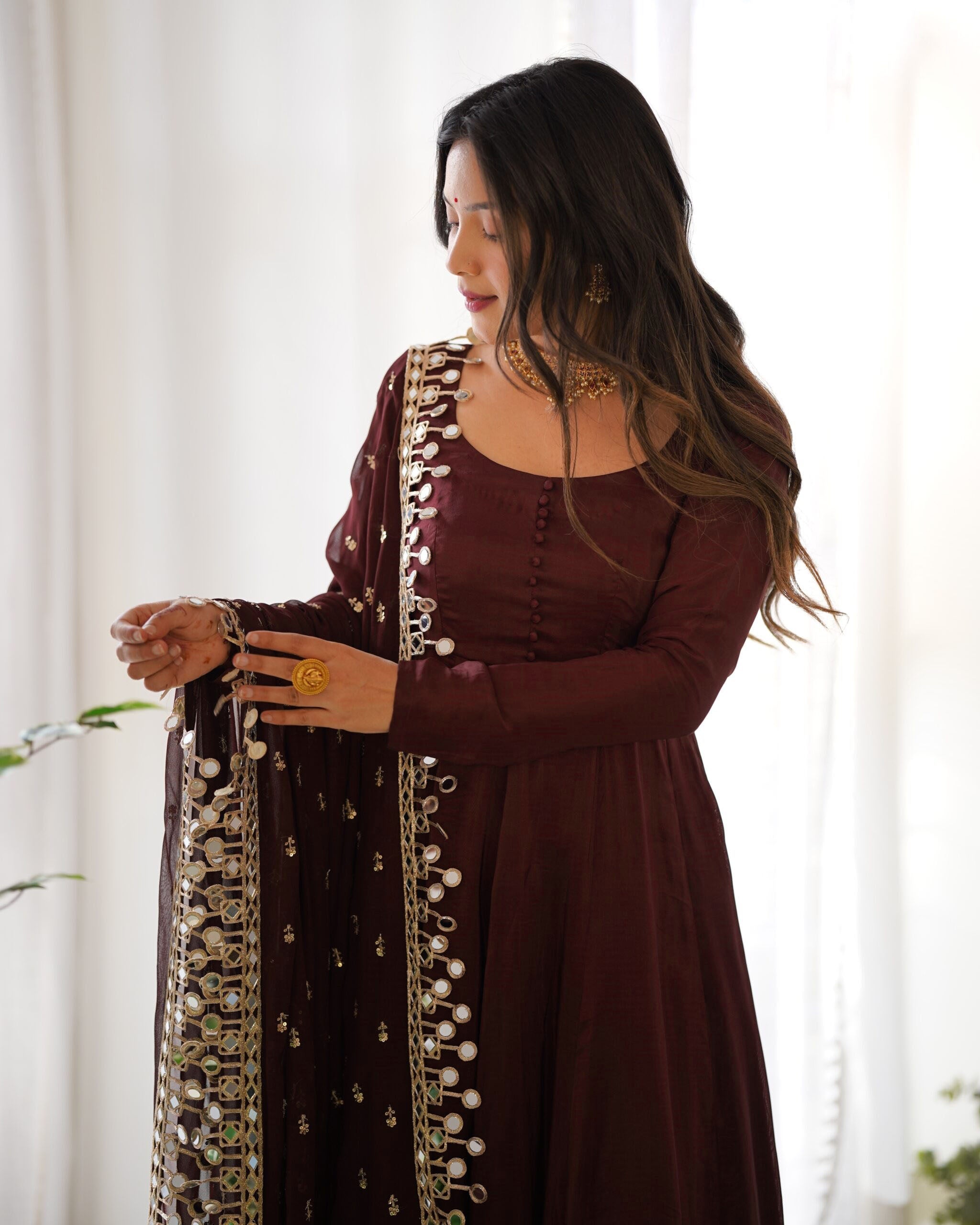Teeya Creation Dark Coffee Color Roma Silk Chnaderi Real Mirror Work Fully Stitched Gown - Distacart