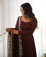 Thumbnail for Teeya Creation Dark Coffee Color Roma Silk Chnaderi Real Mirror Work Fully Stitched Gown - Distacart