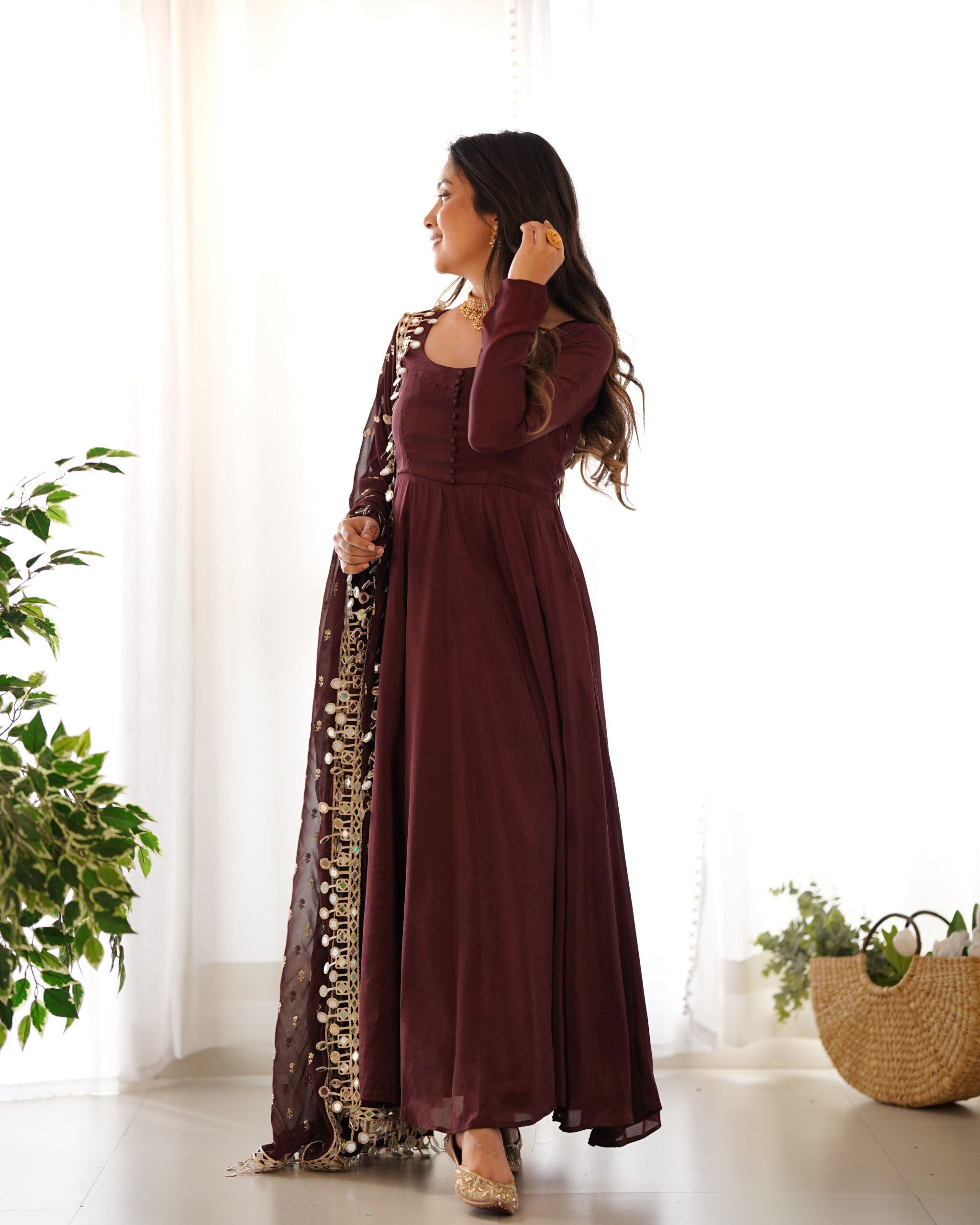 Teeya Creation Dark Coffee Color Roma Silk Chnaderi Real Mirror Work Fully Stitched Gown - Distacart