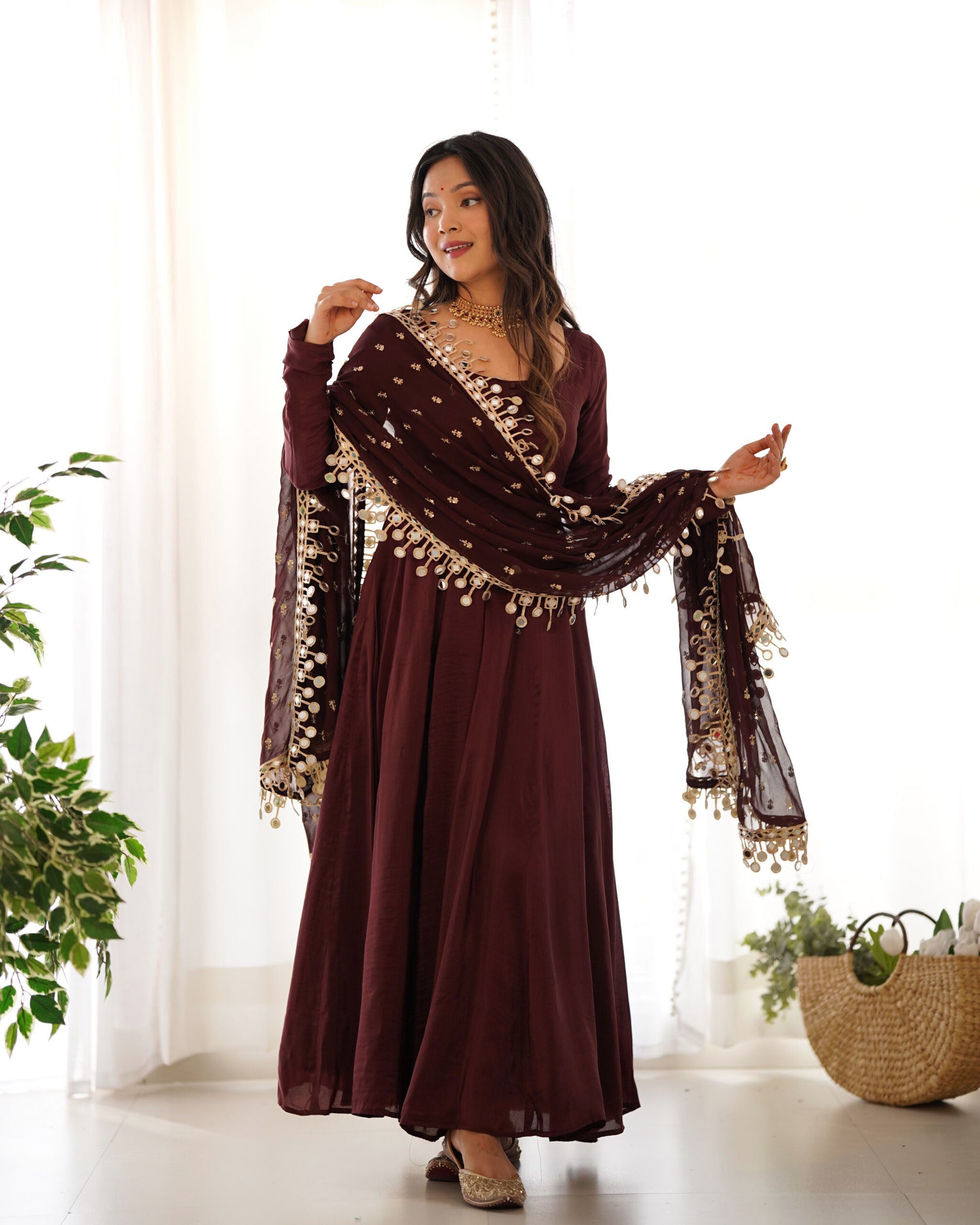 Teeya Creation Dark Coffee Color Roma Silk Chnaderi Real Mirror Work Fully Stitched Gown - Distacart