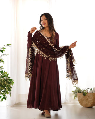 Teeya Creation Dark Coffee Color Roma Silk Chnaderi Real Mirror Work Fully Stitched Gown - Distacart