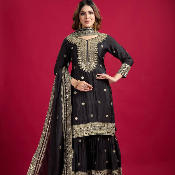 Lehenga Mart Chinon Silk Embroidery Sequence Work Top-Palazzo And Dupatta Set - Black - Distacart