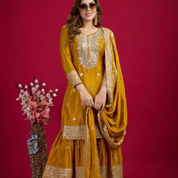 Lehenga Mart Chinon Silk Embroidery Sequence Work Top-Palazzo And Dupatta Set - Mustard - Distacart