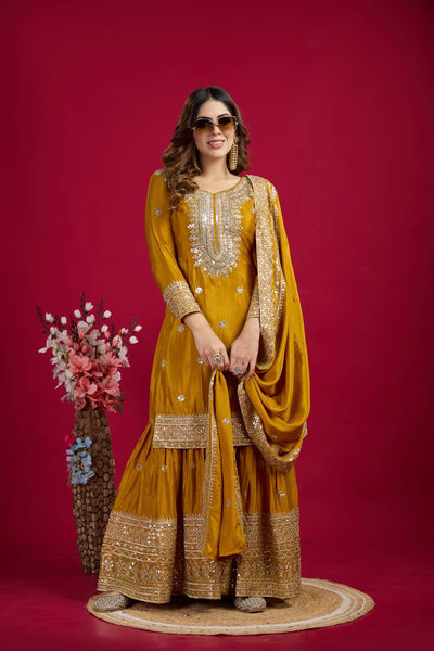Lehenga Mart Chinon Silk Embroidery Sequence Work Top-Palazzo And Dupatta Set - Mustard