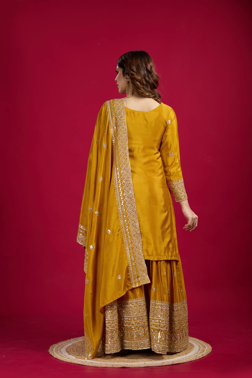 Lehenga Mart Chinon Silk Embroidery Sequence Work Top-Palazzo And Dupatta Set - Mustard