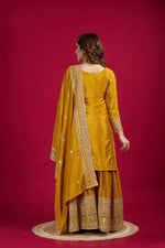 Thumbnail for Lehenga Mart Chinon Silk Embroidery Sequence Work Top-Palazzo And Dupatta Set - Mustard