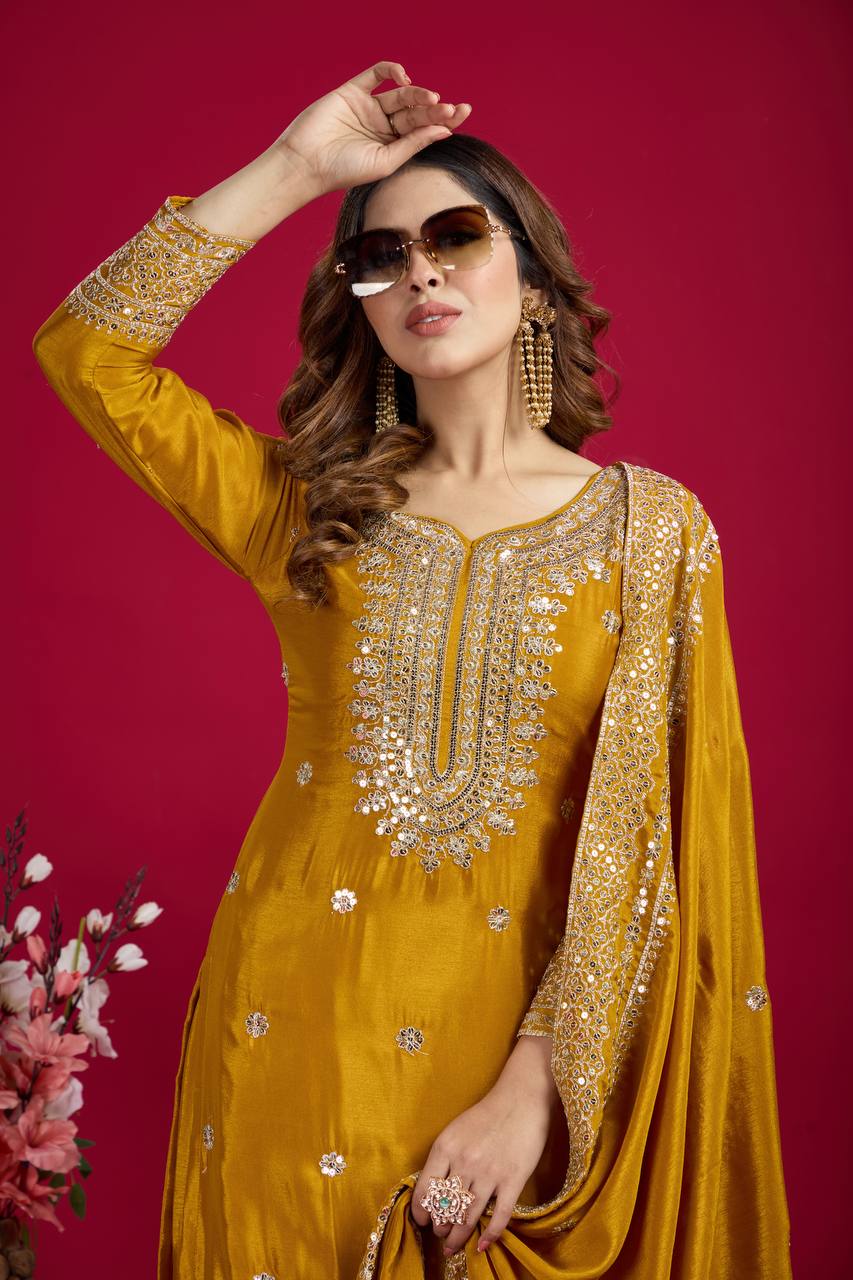 Lehenga Mart Chinon Silk Embroidery Sequence Work Top-Palazzo And Dupatta Set - Mustard