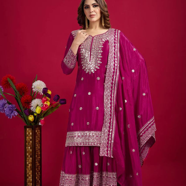Lehenga Mart Chinon Silk Embroidery Sequence Work Top-Palazzo And Dupatta Set - Rani Pink - Distacart
