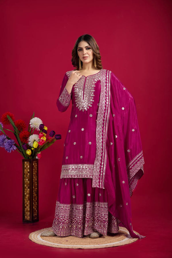 Lehenga Mart Chinon Silk Embroidery Sequence Work Top-Palazzo And Dupatta Set - Rani Pink