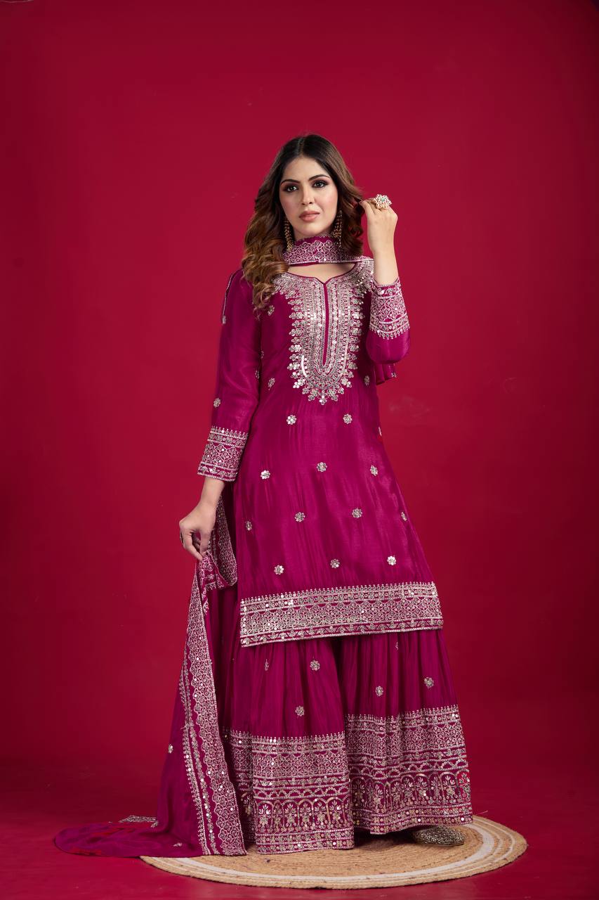 Lehenga Mart Chinon Silk Embroidery Sequence Work Top-Palazzo And Dupatta Set - Rani Pink