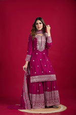 Thumbnail for Lehenga Mart Chinon Silk Embroidery Sequence Work Top-Palazzo And Dupatta Set - Rani Pink