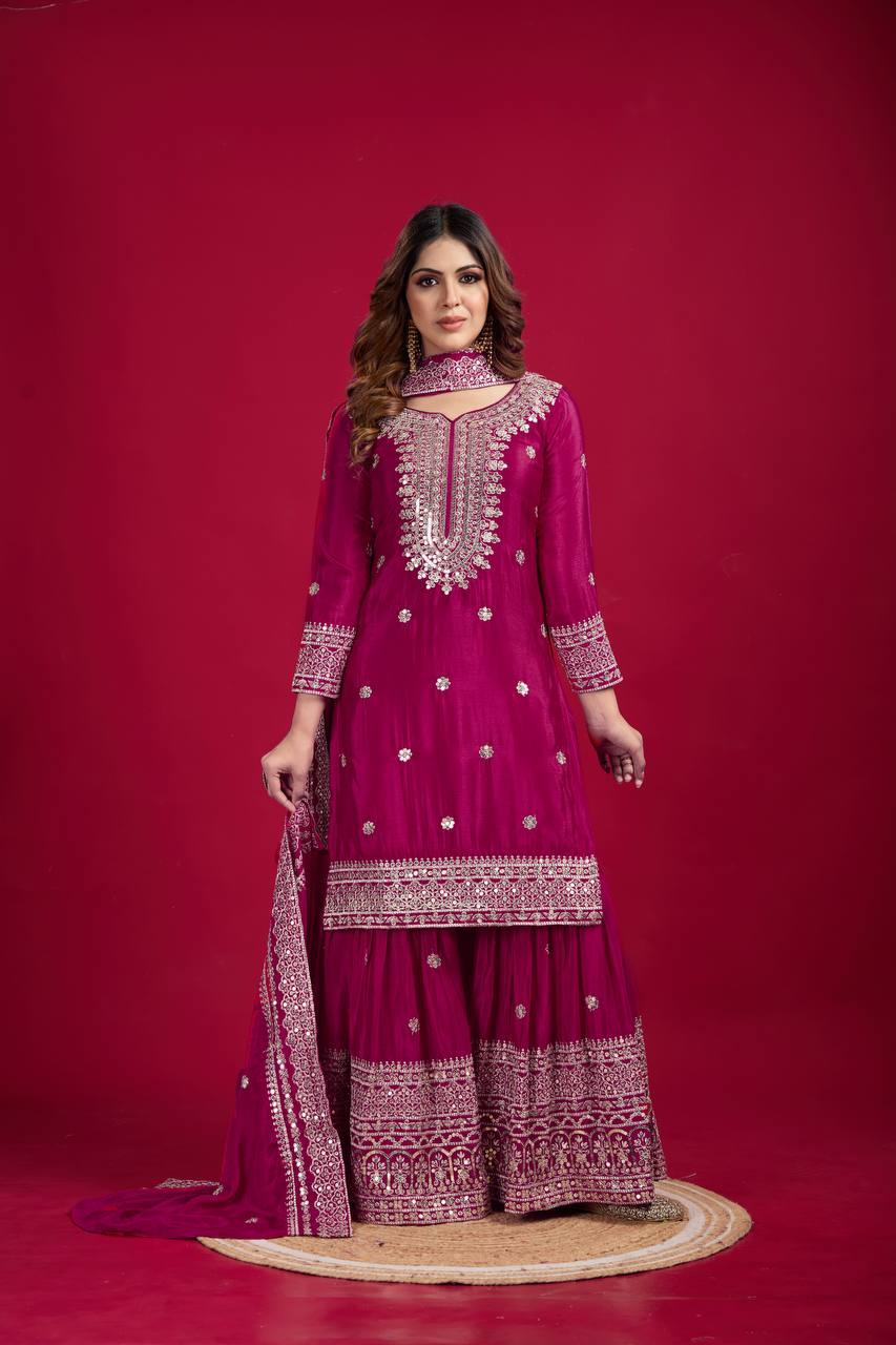 Lehenga Mart Chinnon Silk Embroidery Sequence Work Top-Palazzo And Dupatta Set - Distacart
