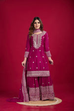 Thumbnail for Lehenga Mart Chinnon Silk Embroidery Sequence Work Top-Palazzo And Dupatta Set - Distacart
