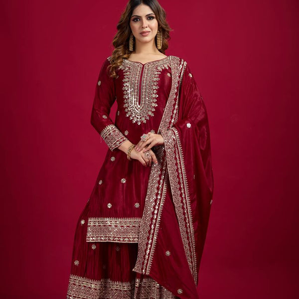 Lehenga Mart Chinon Silk Embroidery Sequence Work Top-Palazzo And Dupatta Set - Red - Distacart