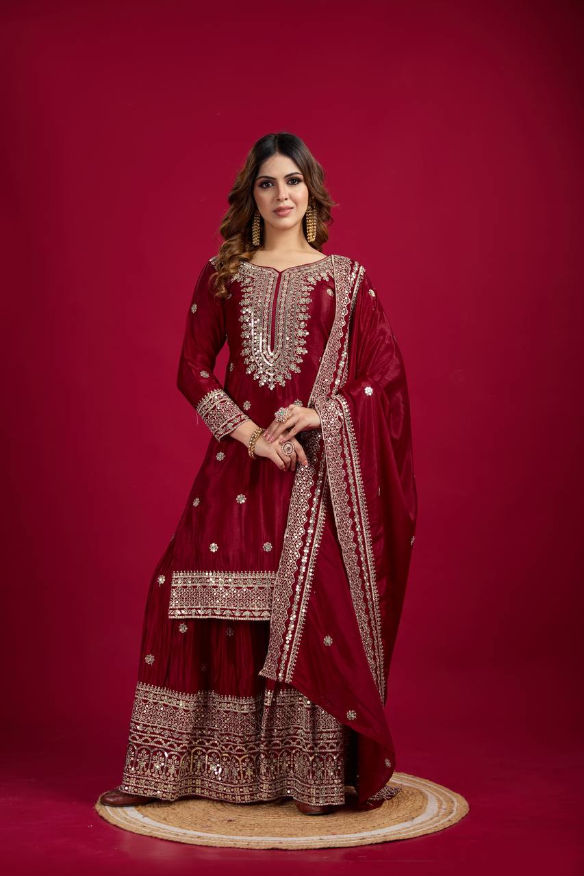 Lehenga Mart Chinon Silk Embroidery Sequence Work Top-Palazzo And Dupatta Set - Red - Distacart
