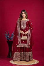 Thumbnail for Lehenga Mart Chinnon Silk Embroidery Sequence Work Top-Palazzo And Dupatta Set - Distacart