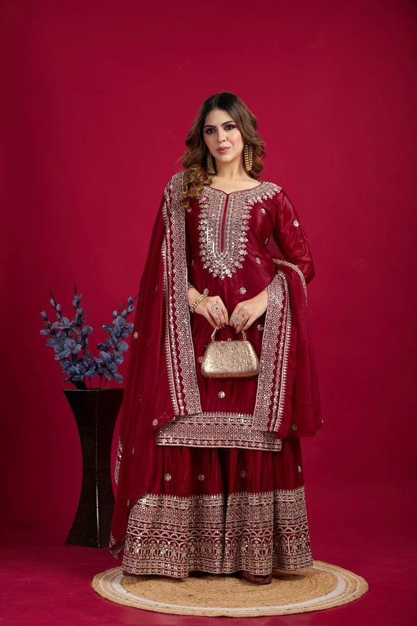 Lehenga Mart Chinnon Silk Embroidery Sequence Work Top-Palazzo And Dupatta Set - Distacart