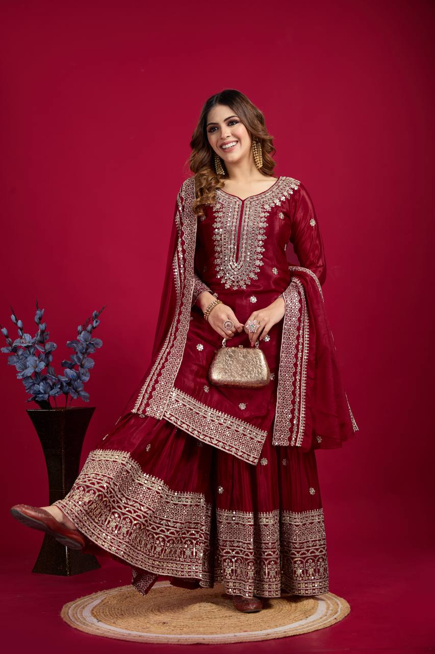 Lehenga Mart Chinon Silk Embroidery Sequence Work Top-Palazzo And Dupatta Set - Red