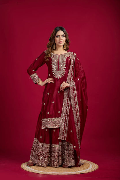 Lehenga Mart Chinnon Silk Embroidery Sequence Work Top-Palazzo And Dupatta Set - Distacart