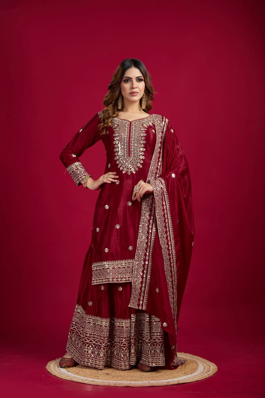 Lehenga Mart Chinon Silk Embroidery Sequence Work Top-Palazzo And Dupatta Set - Red