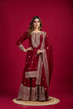 Thumbnail for Lehenga Mart Chinon Silk Embroidery Sequence Work Top-Palazzo And Dupatta Set - Red