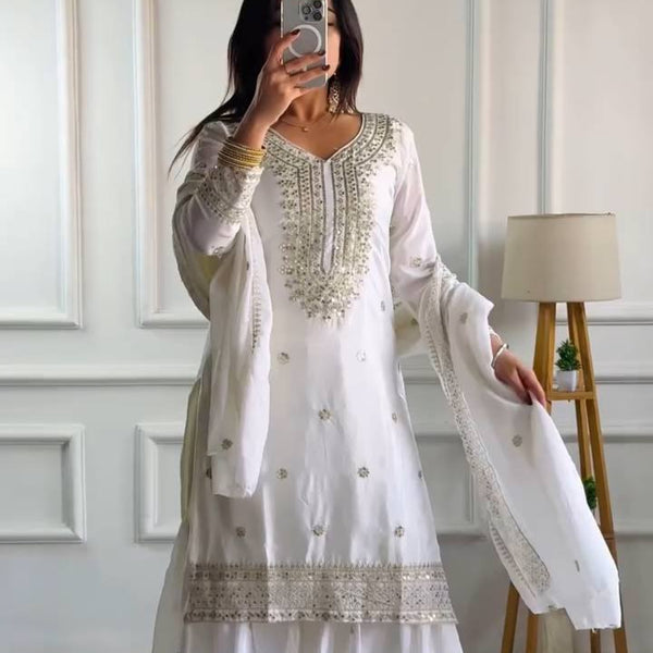 Lehenga Mart Chinon Silk Embroidery Sequence Work Top-Palazzo And Dupatta Set - White - Distacart