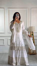 Thumbnail for Lehenga Mart Chinon Silk Embroidery Sequence Work Top-Palazzo And Dupatta Set - White