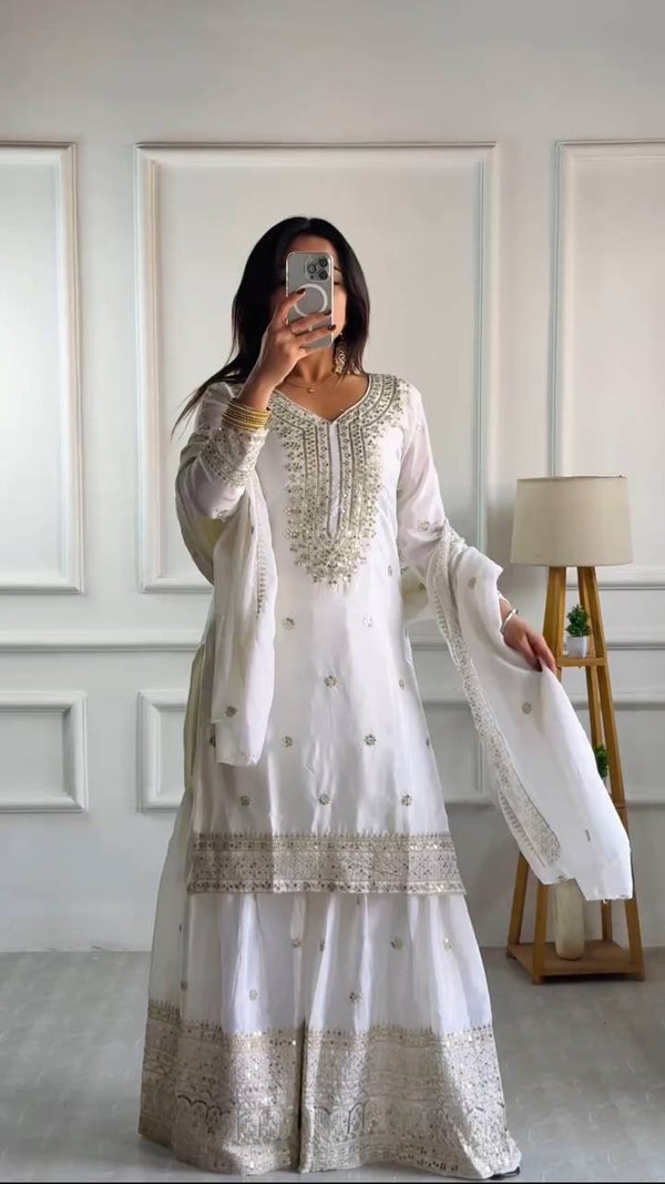 Lehenga Mart Chinon Silk Embroidery Sequence Work Top-Palazzo And Dupatta Set - White