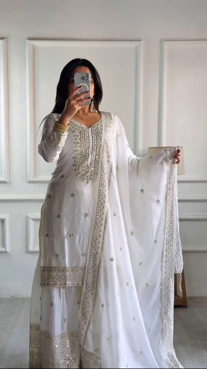 Lehenga Mart Chinnon Silk Embroidery Sequence Work Top-Palazzo And Dupatta Set - Distacart