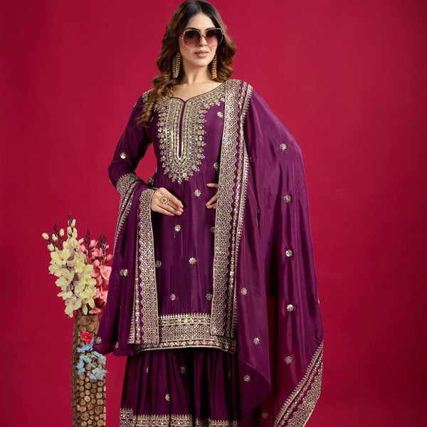 Lehenga Mart Chinon Silk Embroidery Sequence Work Top-Palazzo And Dupatta Set - Wine - Distacart