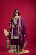 Thumbnail for Lehenga Mart Chinon Silk Embroidery Sequence Work Top-Palazzo And Dupatta Set - Wine