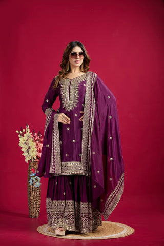 Lehenga Mart Chinon Silk Embroidery Sequence Work Top-Palazzo And Dupatta Set - Wine - Distacart