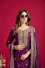 Thumbnail for Lehenga Mart Chinnon Silk Embroidery Sequence Work Top-Palazzo And Dupatta Set - Distacart