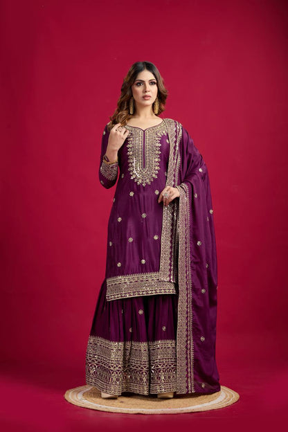 Lehenga Mart Chinnon Silk Embroidery Sequence Work Top-Palazzo And Dupatta Set - Distacart