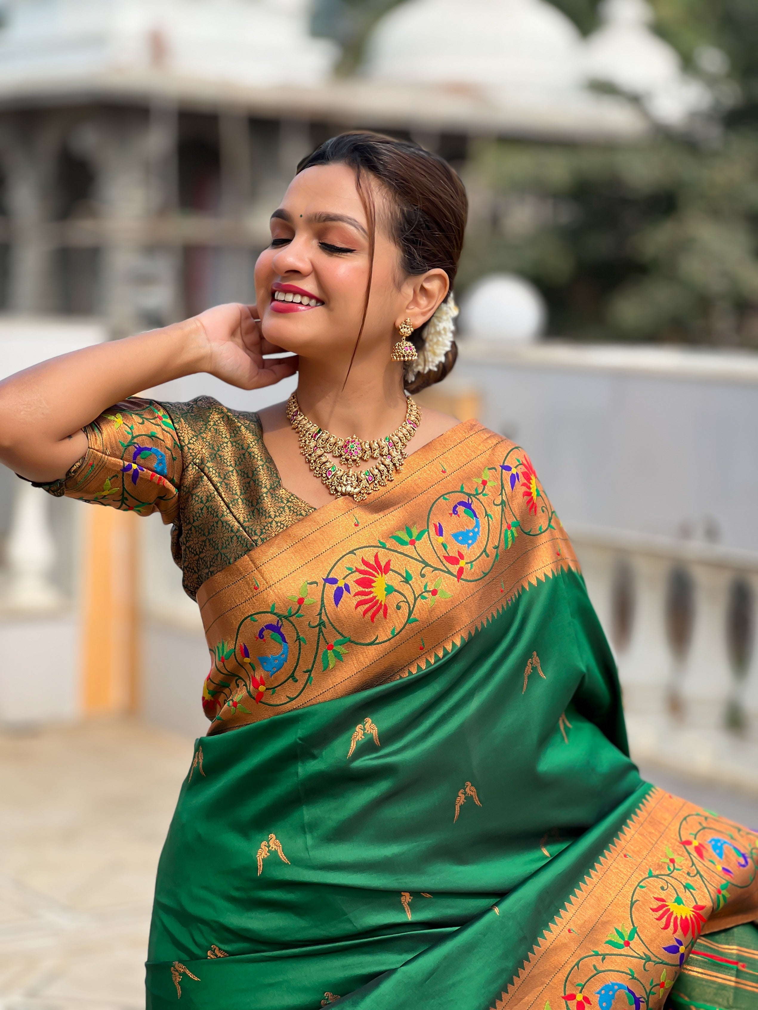 Vedant Vastram Soft Litchi Silk Paithani Jacquard Saree - Green - Dista