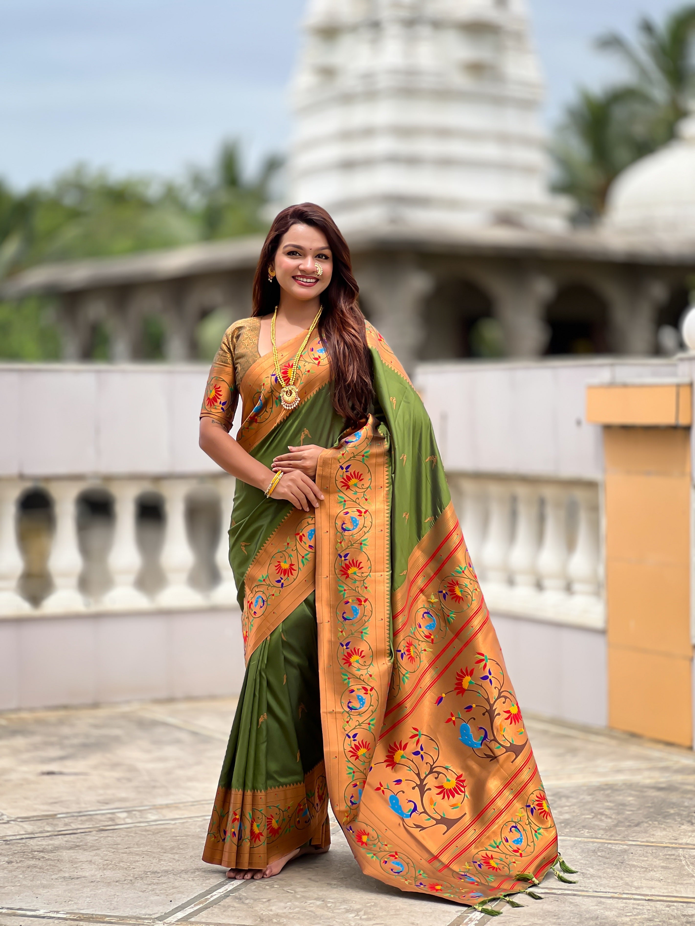 Vedant Vastram Soft Litchi Silk Paithani Jacquard Saree - Mahendi - Dista