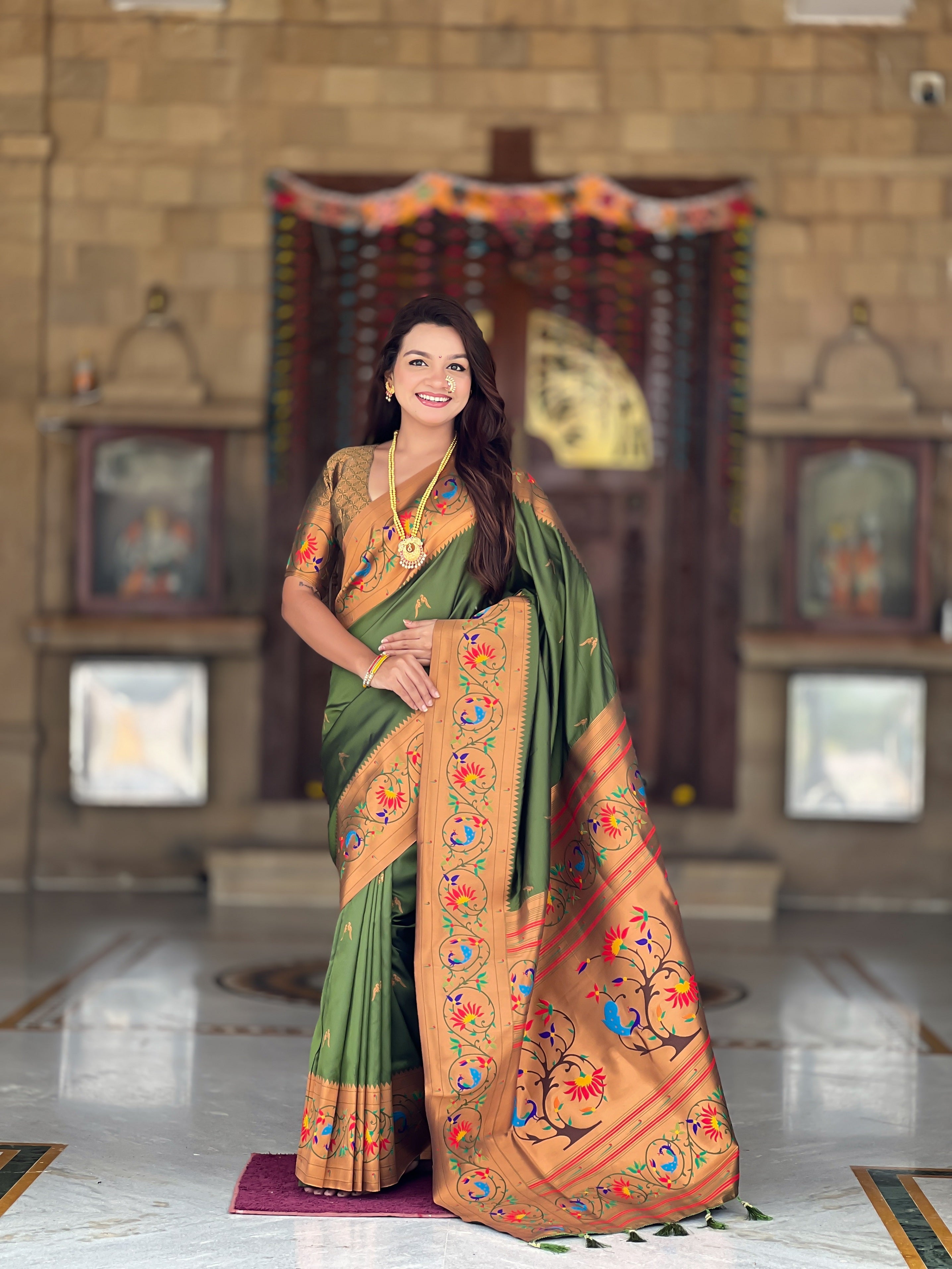 Vedant Vastram Soft Litchi Silk Paithani Jacquard Saree - Mahendi - Dista
