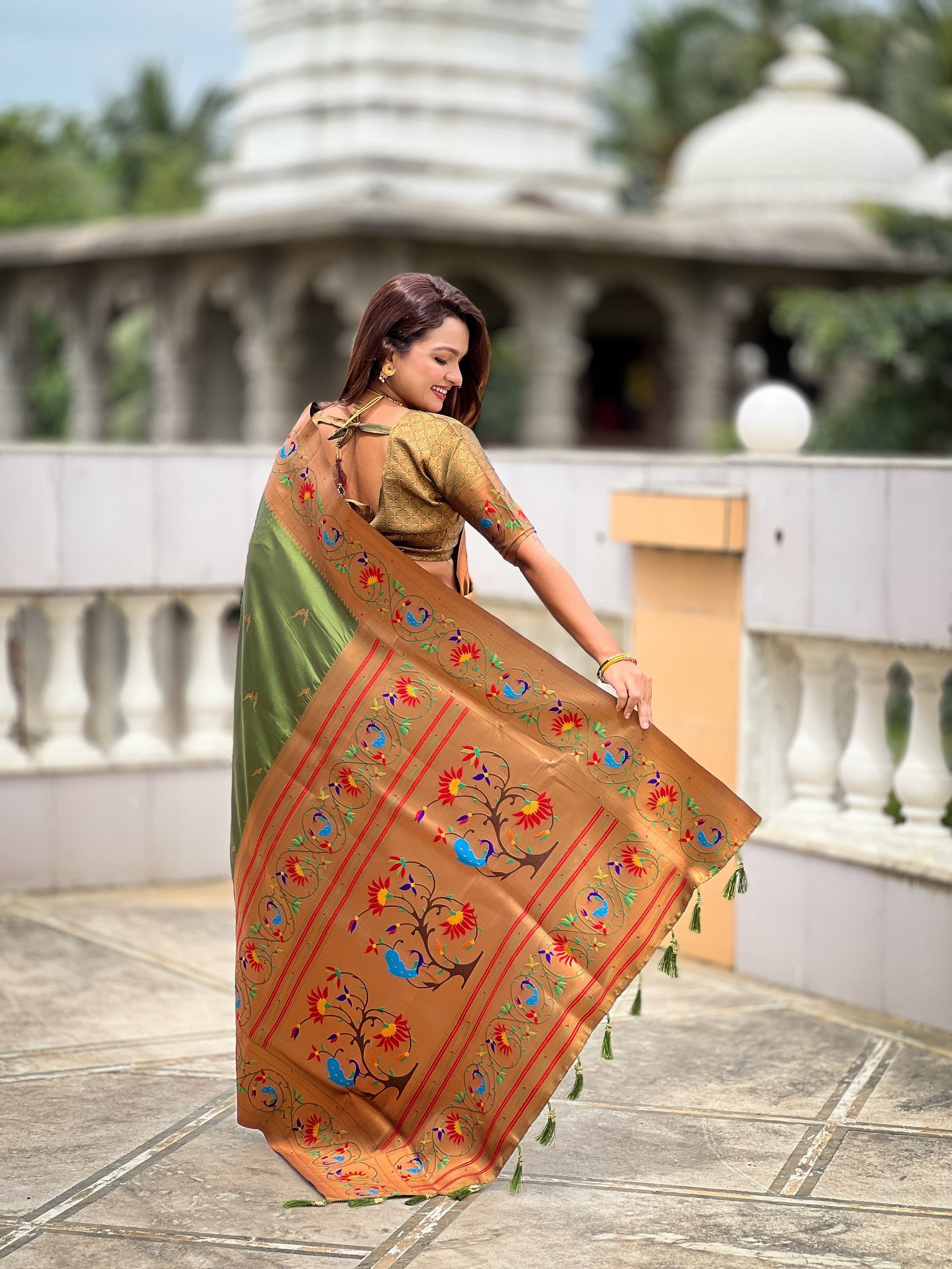 Vedant Vastram Soft Litchi Silk Paithani Jacquard Saree - Mahendi - Dista