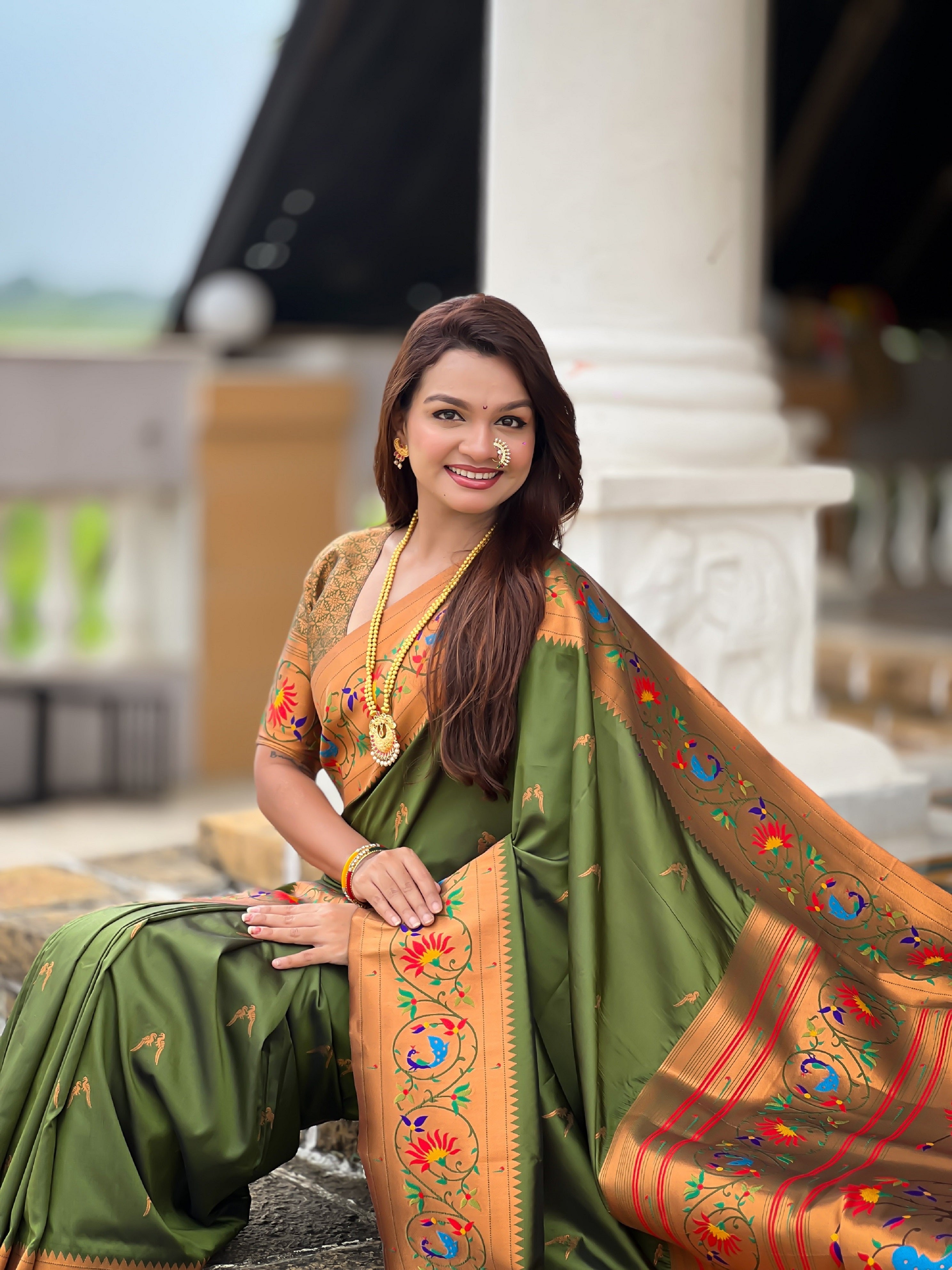Vedant Vastram Soft Litchi Silk Paithani Jacquard Saree - Mahendi - Dista