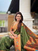 Thumbnail for Vedant Vastram Soft Litchi Silk Paithani Jacquard Saree - Mahendi - Dista