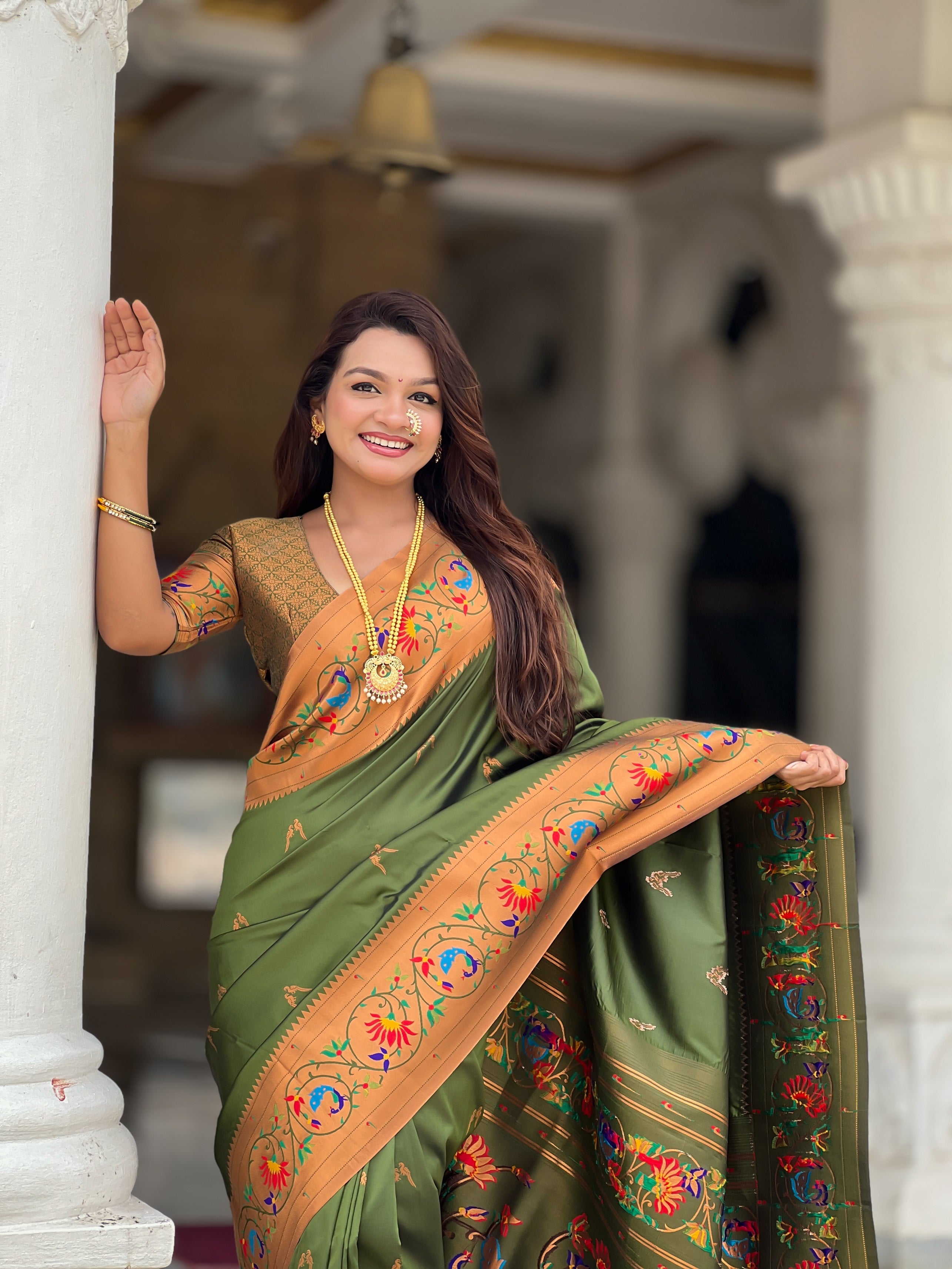 Vedant Vastram Soft Litchi Silk Paithani Jacquard Saree - Mahendi - Dista