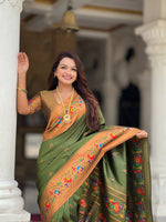 Thumbnail for Vedant Vastram Soft Litchi Silk Paithani Jacquard Saree - Mahendi - Dista