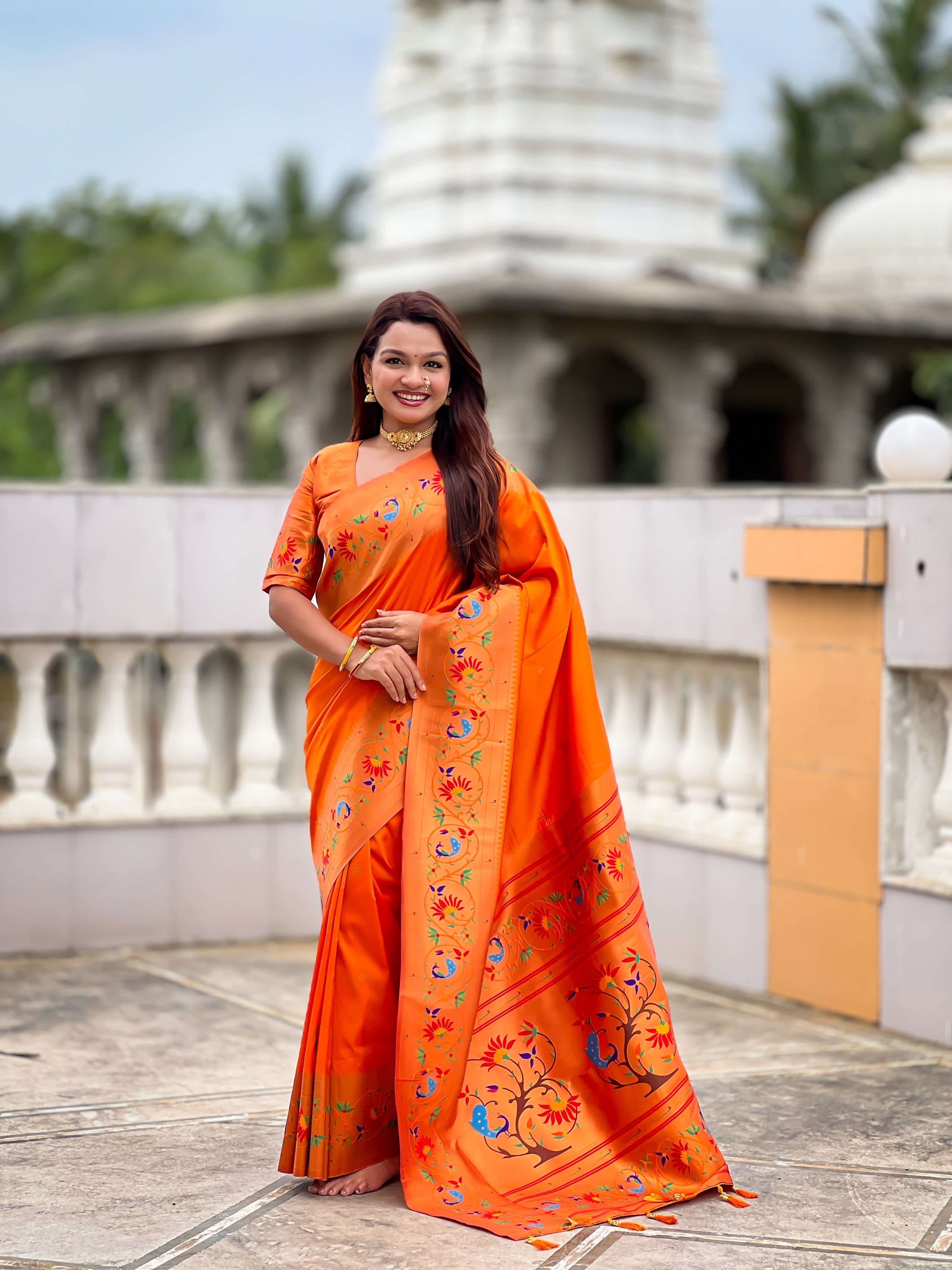 Vedant Vastram Soft Litchi Silk Paithani Jacquard Saree - Orange - Dista