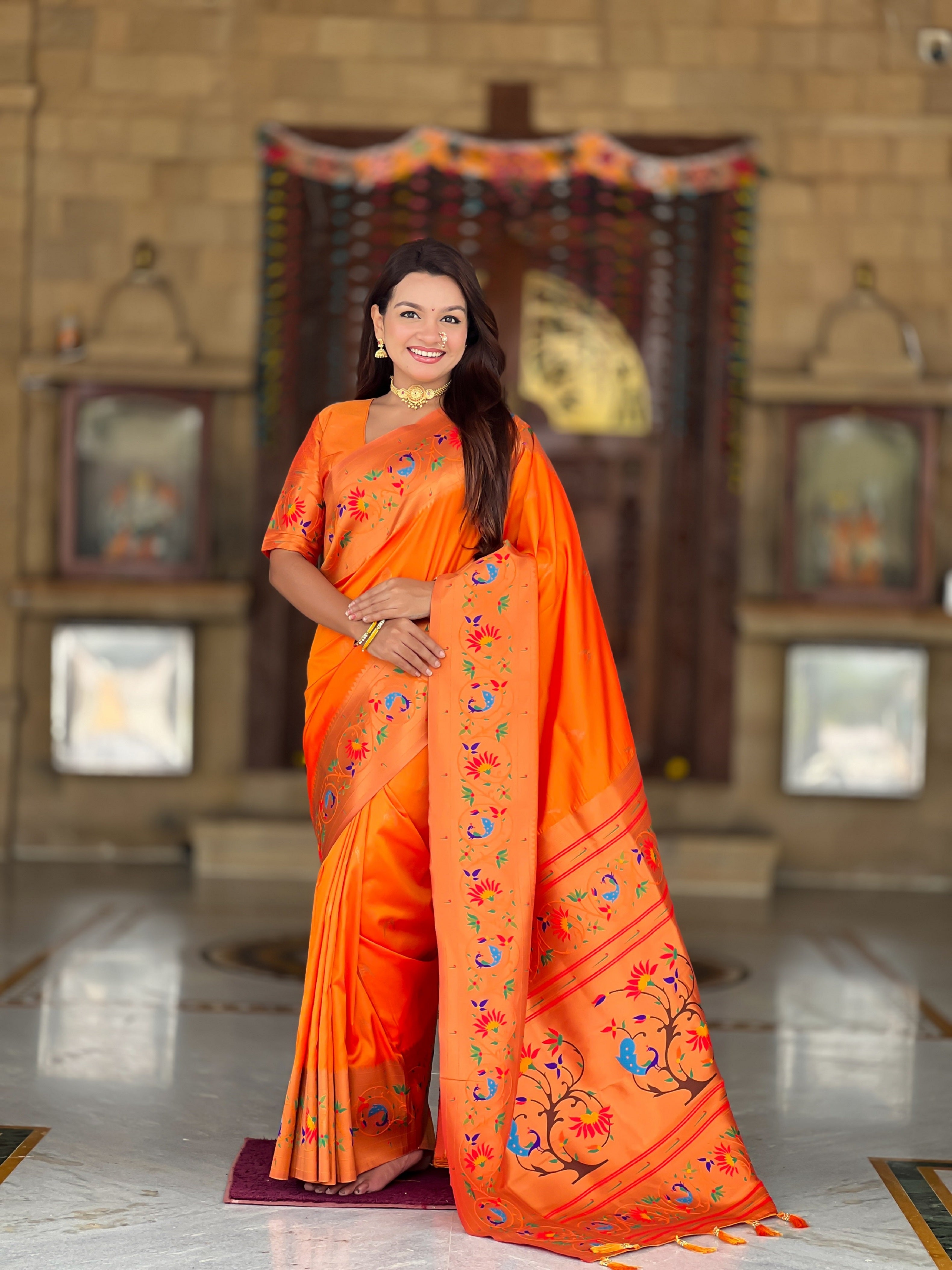 Vedant Vastram Soft Litchi Silk Paithani Jacquard Saree - Orange - Dista