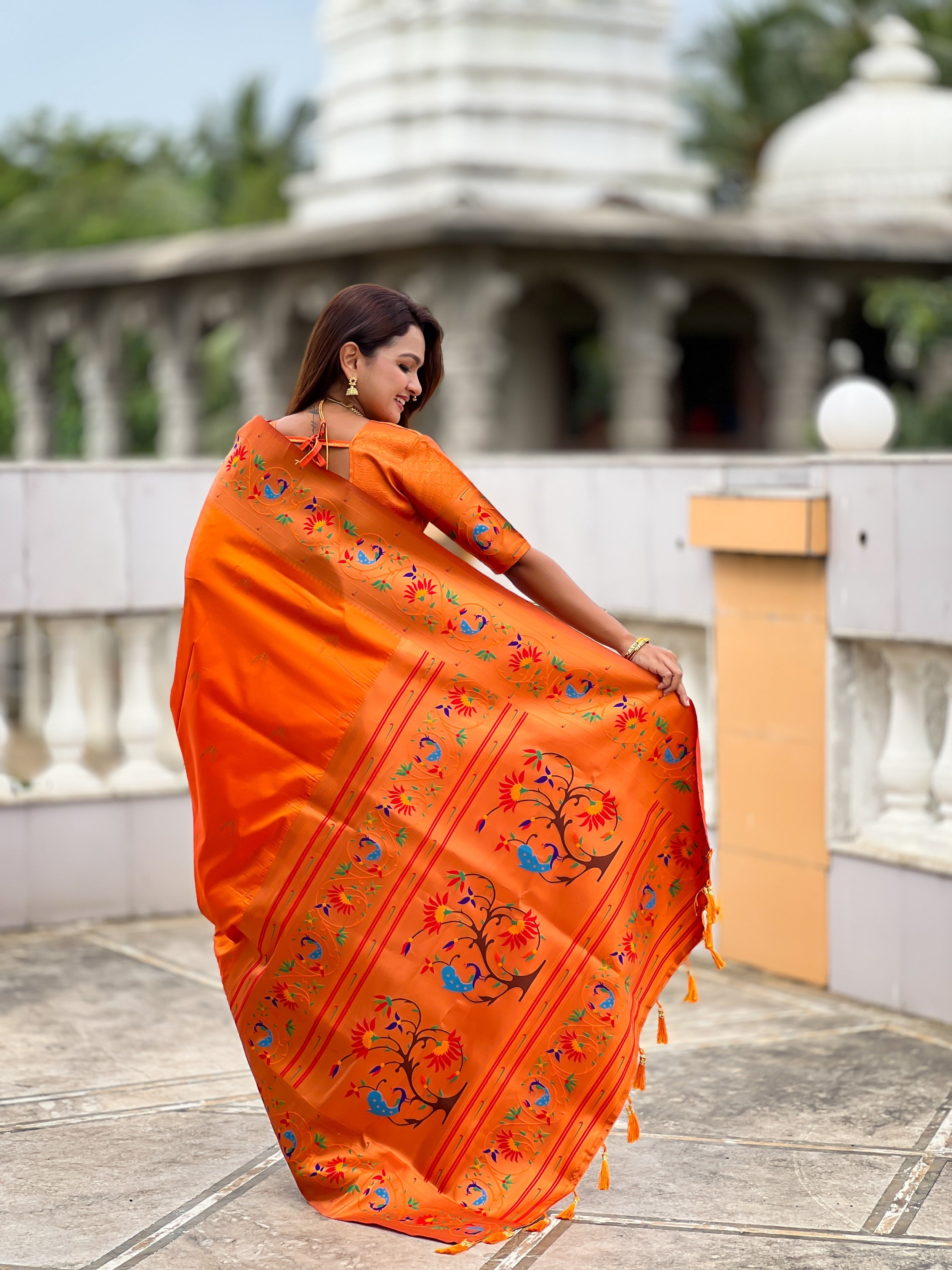 Vedant Vastram Soft Litchi Silk Paithani Jacquard Saree - Orange - Dista