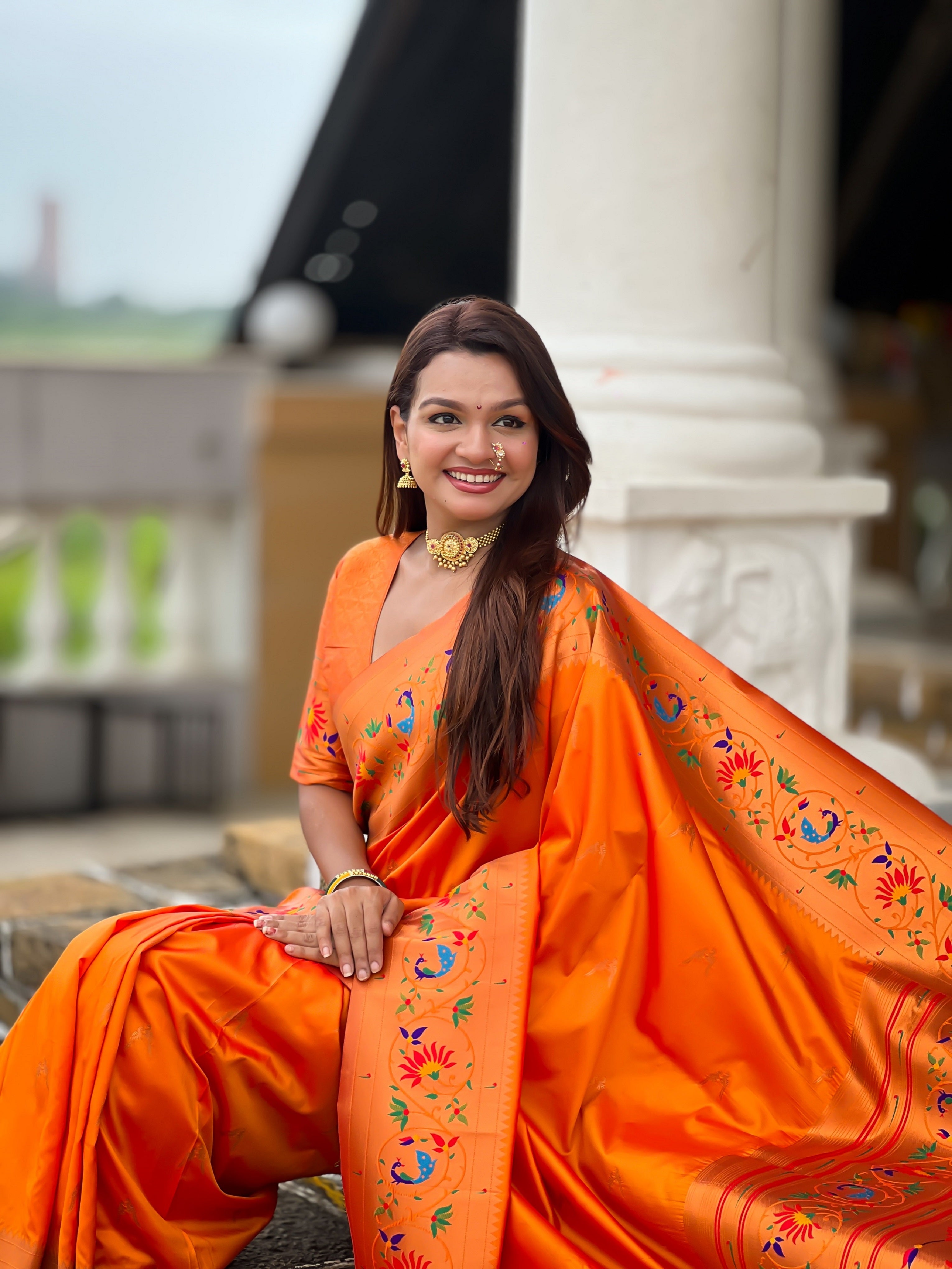 Vedant Vastram Soft Litchi Silk Paithani Jacquard Saree - Orange - Dista